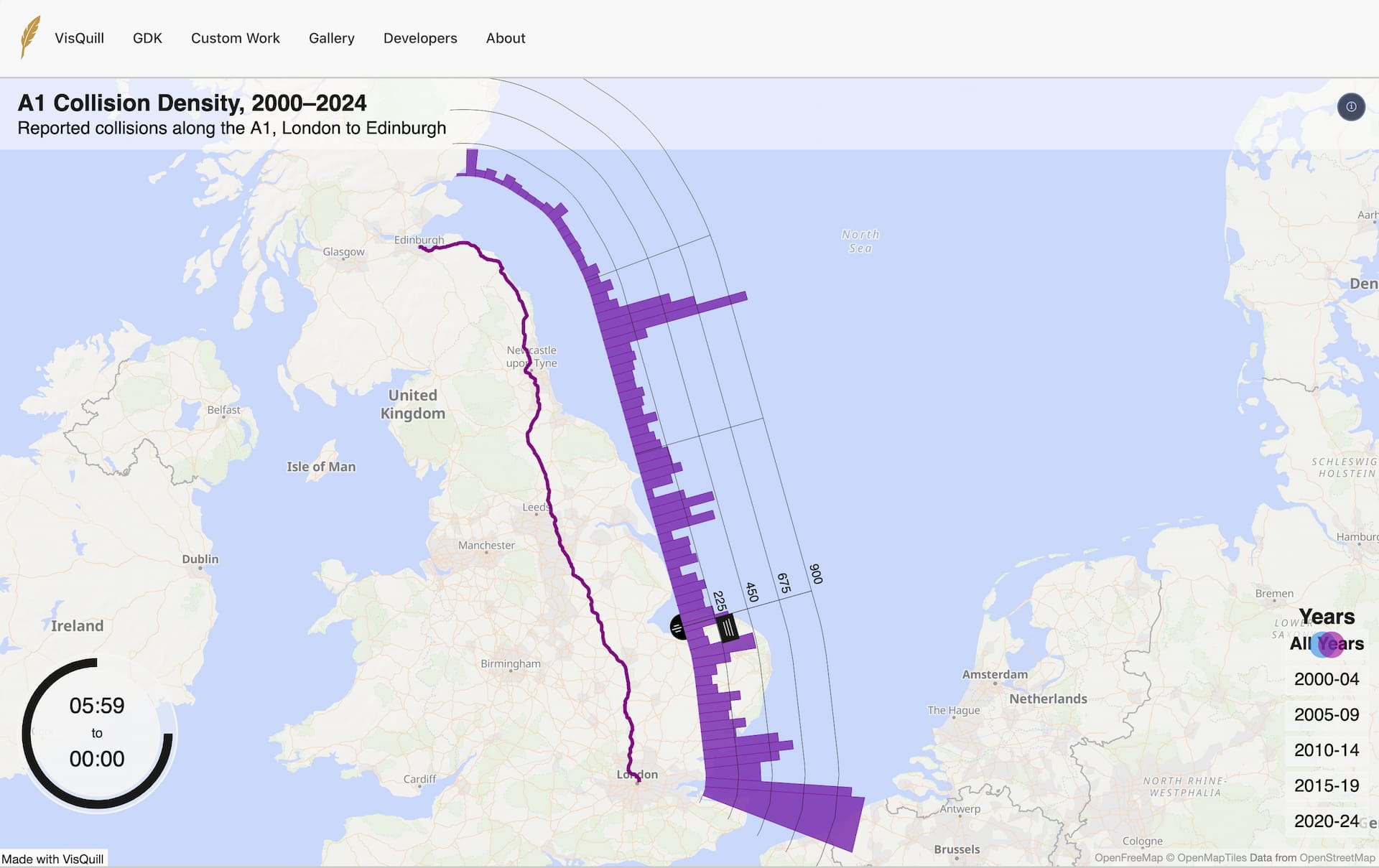 Data visualization overlaid on a map of the UK and North Sea, showing a histogram of reported collisions along the A1 from London to Edinburgh between 2000 and 2024, with purple bars extending out from the route to represent collision frequency at each point along the road.