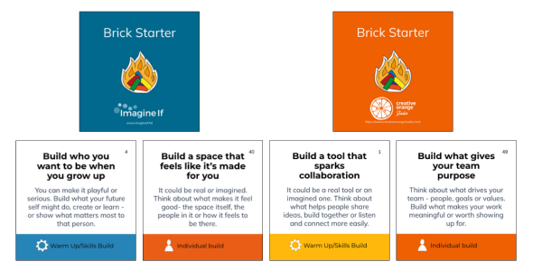 Six Brick Starter cards: two card backs (blue with the "Imagine If" logo, orange with the Creative Orange Studio logo) and four prompt cards — "Build who you want to grow up to be," "Build a space that feels like it's made for you," "Build a tool that sparks collaboration," and "Build what gives your team purpose" — each tagged as a warm-up/skills-build or individual-build activity.