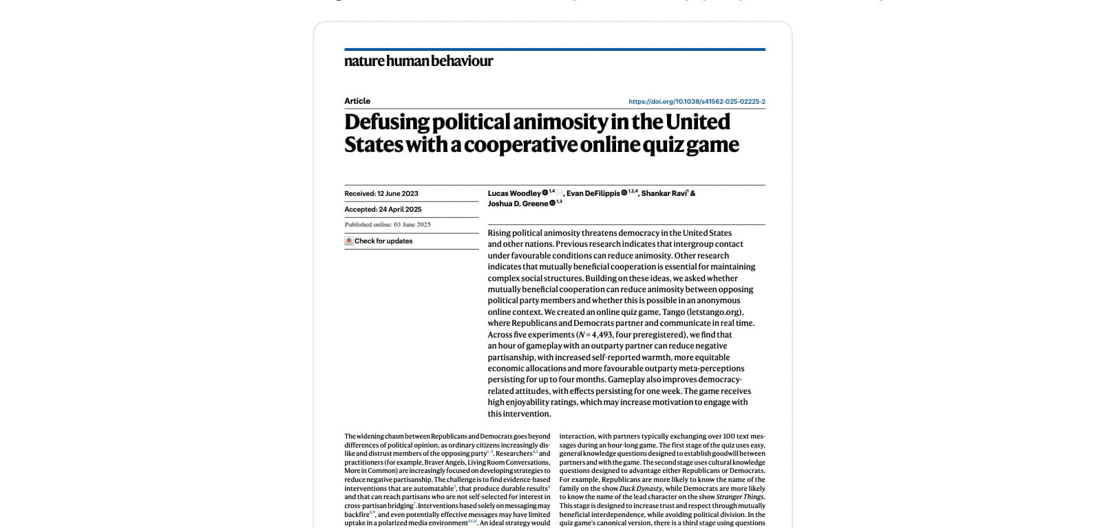 First page of the Nature Human Behaviour paper "Defusing political animosity in the United States with a cooperative online quiz game" by Lucas Woodley, Evan DeFilippis, Shankar Ravi, and Joshua D. Greene, with an abstract describing how the Tango quiz game reduces negative partisanship between opposing party members.