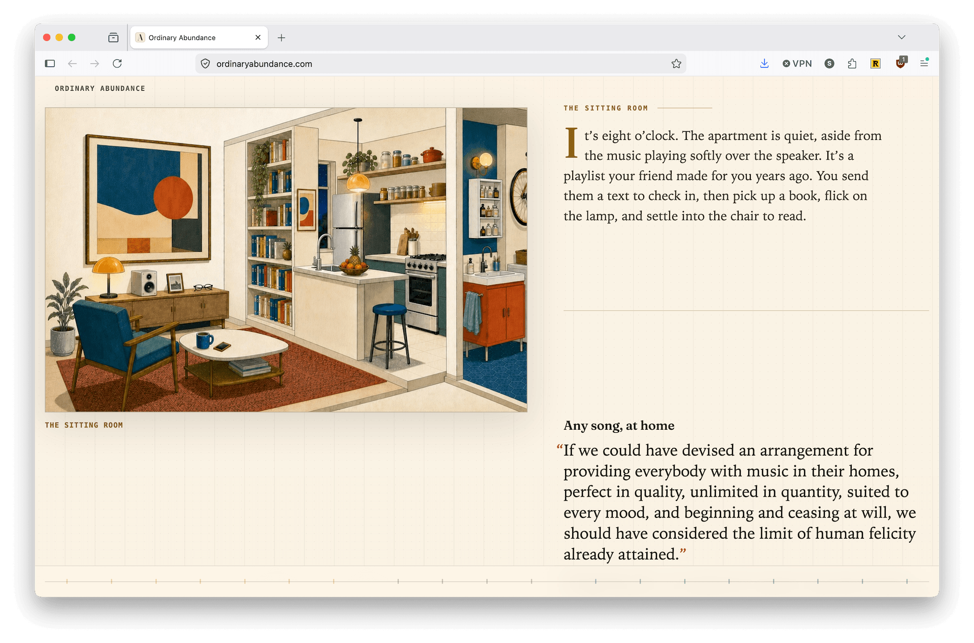 Browser window showing the "Ordinary Abundance" site, section "The Sitting Room." A warmly illustrated apartment interior — armchair, sideboard with lamp and speaker, bookshelves, and a compact kitchen — accompanies text describing a quiet evening at home, next to a quote on the everyday luxury of having any song, at home.
