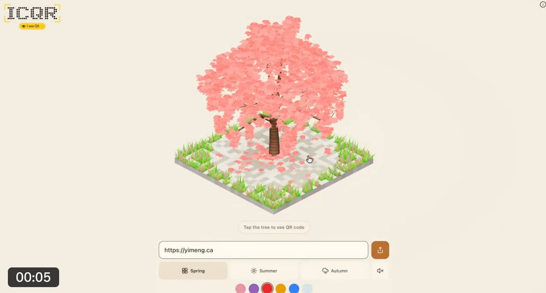 A screen from ICQR ("I see QR"): an isometric pink cherry-blossom tree on a small grassy and tiled plot—all formed from a 3-D extraction of a QR code. There's also a prompt "Tap the tree to see QR code," a URL field, a color palette, and season tabs for Spring, Summer, and Autumn.