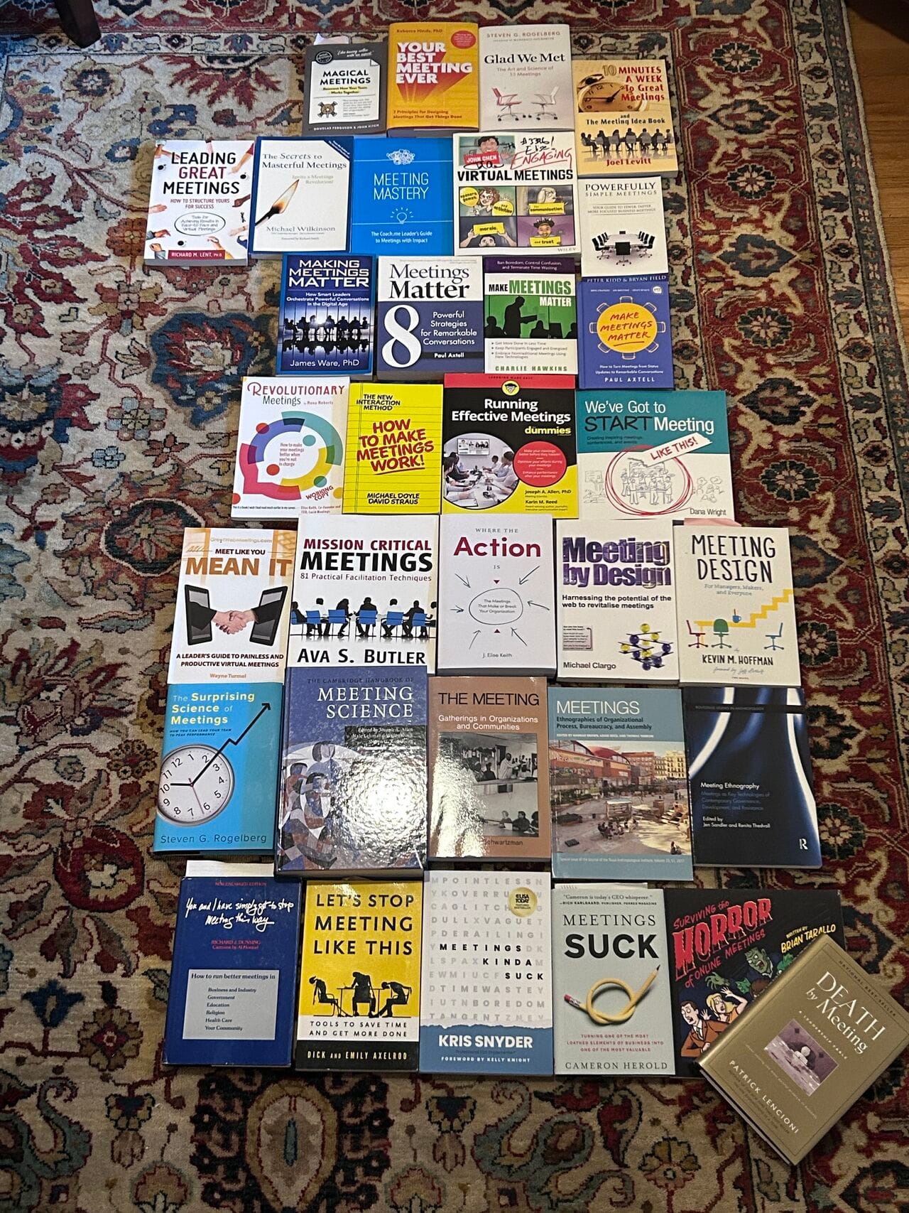Roughly three dozen books about business meetings arranged in a grid on a patterned oriental rug, sorted vertically by valence — positively framed titles at the top, negative ones at the bottom. Near the top: upbeat titles like “Magical Meetings,” “Your Best Meeting Ever,” “Glad We Met,” “Leading Great Meetings,” and “Making Meetings Matter.” Through the middle sit more neutral and academic volumes, including “The Cambridge Handbook of Meeting Science,” “The Meeting: Gatherings in Organizations and Communities,” “Meeting by Design,” and “Meeting Design.” At the bottom: the gloomy end of the spectrum — “Let’s Stop Meeting Like This,” “Meetings Kinda Suck,” “Meetings Suck,” “Surviving the Horror of Online Meetings,” and “Death by Meeting.”